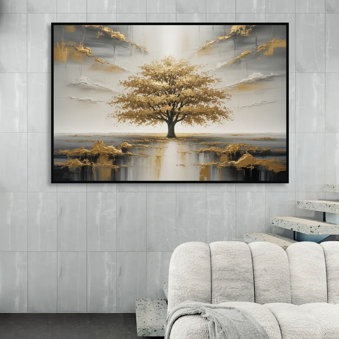 Majestic Tree Serenity White and Gold Living Room - Black Canvas Wall Art