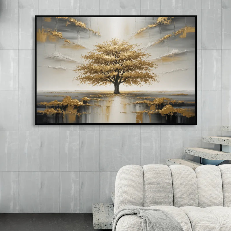 Majestic Tree Serenity White and Gold Living Room - Black Canvas Wall Art
