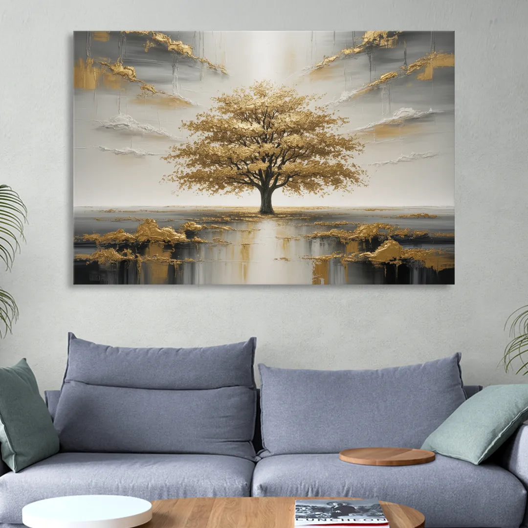 Majestic Tree Serenity White and Gold Sitting Room - Canvas Wall Art
