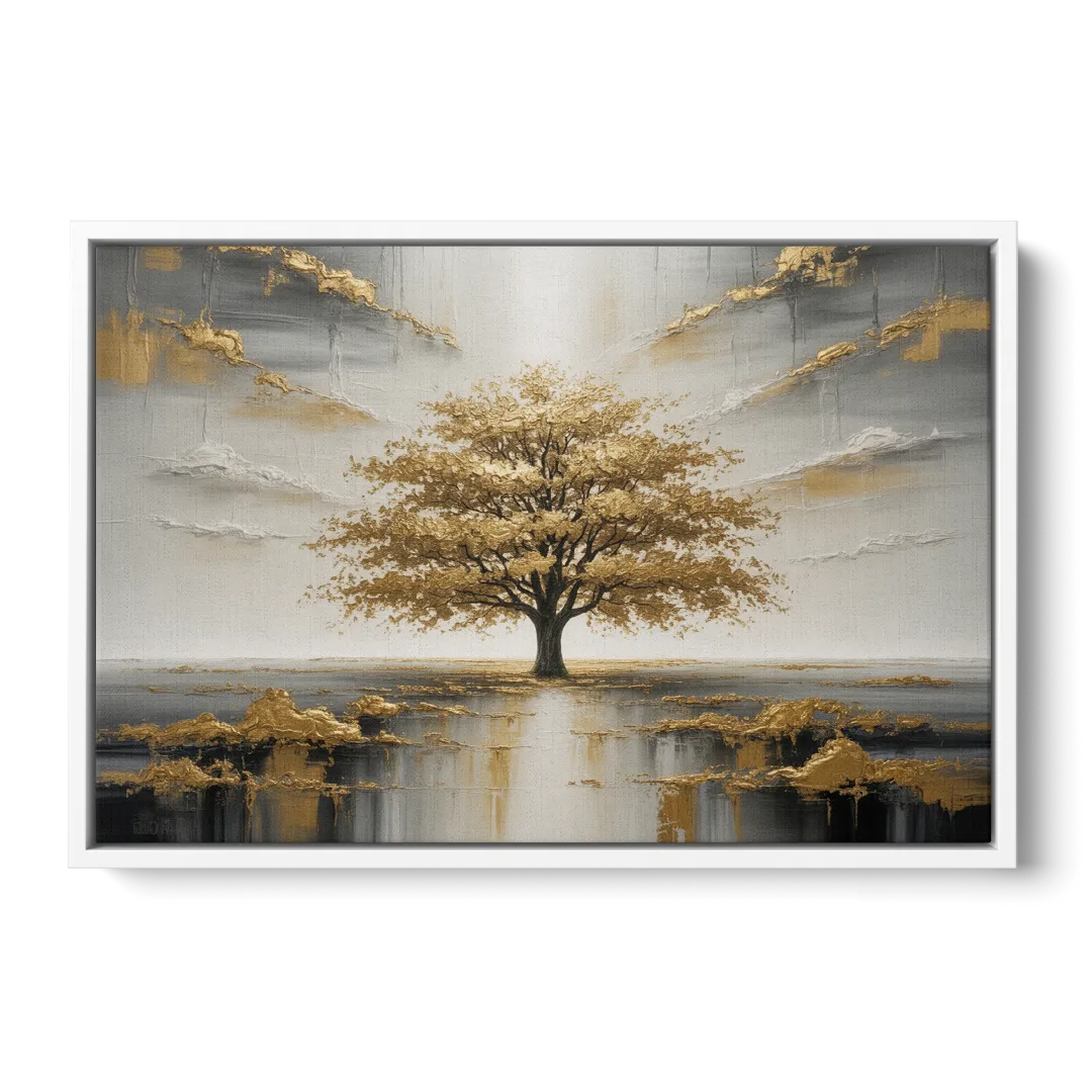 Majestic Tree Serenity White and Gold - White Frame Canvas