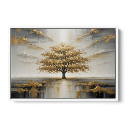 Majestic Tree Serenity White and Gold - White Frame Canvas