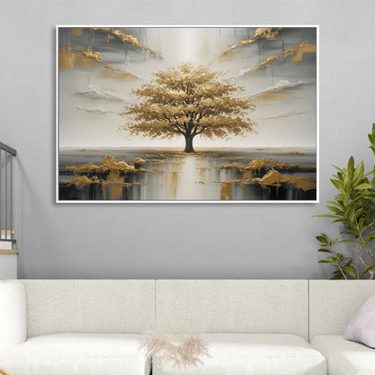 Majestic Tree Serenity White and Gold Living Room - White Canvas Wall Art