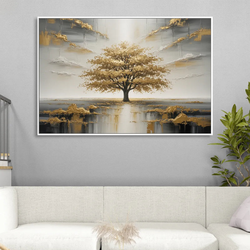 Majestic Tree Serenity White and Gold Living Room - White Canvas Wall Art