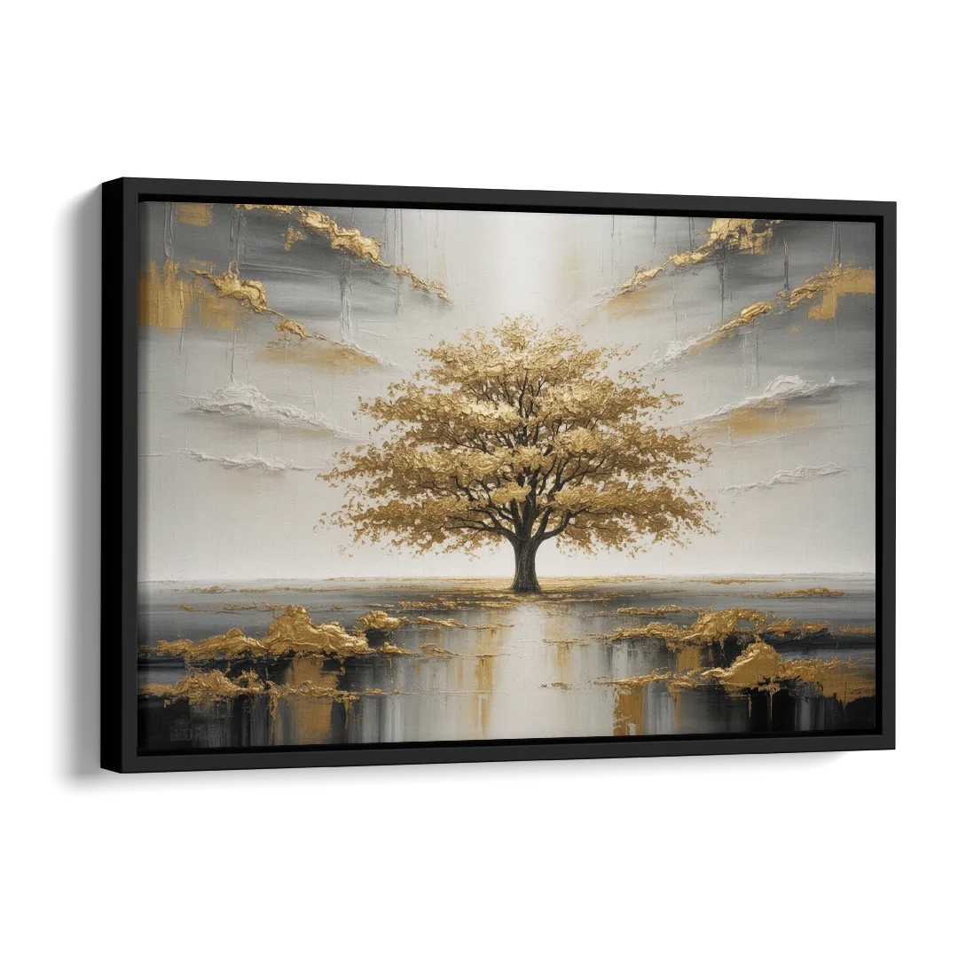 Majestic Tree Serenity White and Gold Side - Black Canvas Wall Art