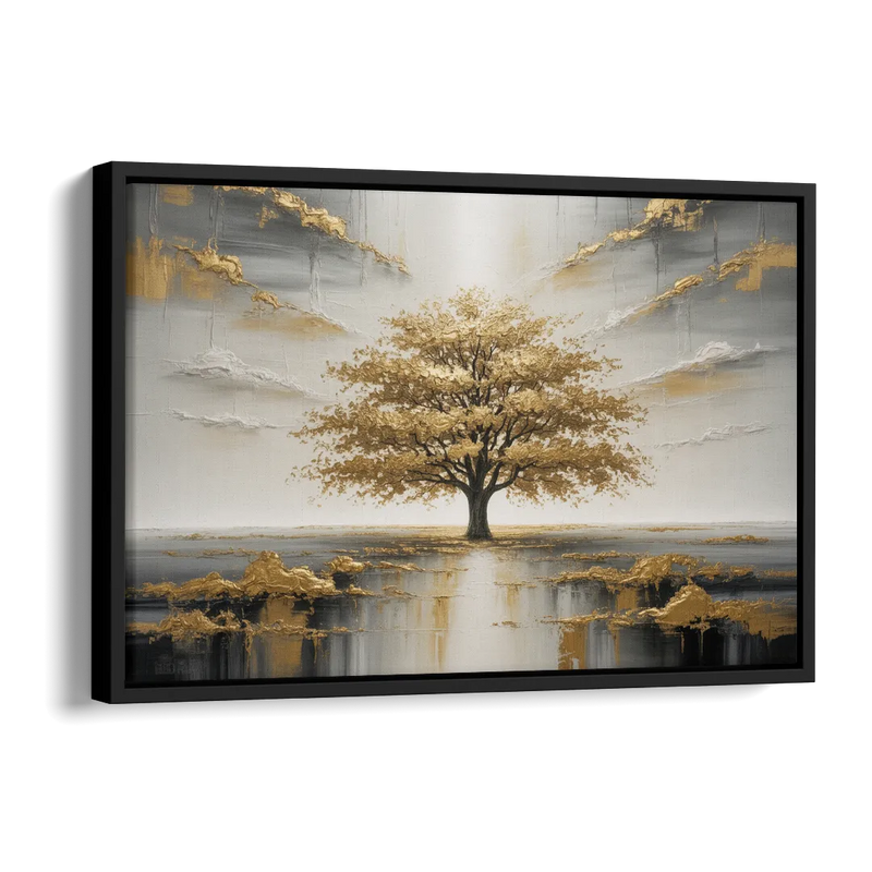 Majestic Tree Serenity White and Gold Side - Black Canvas Wall Art