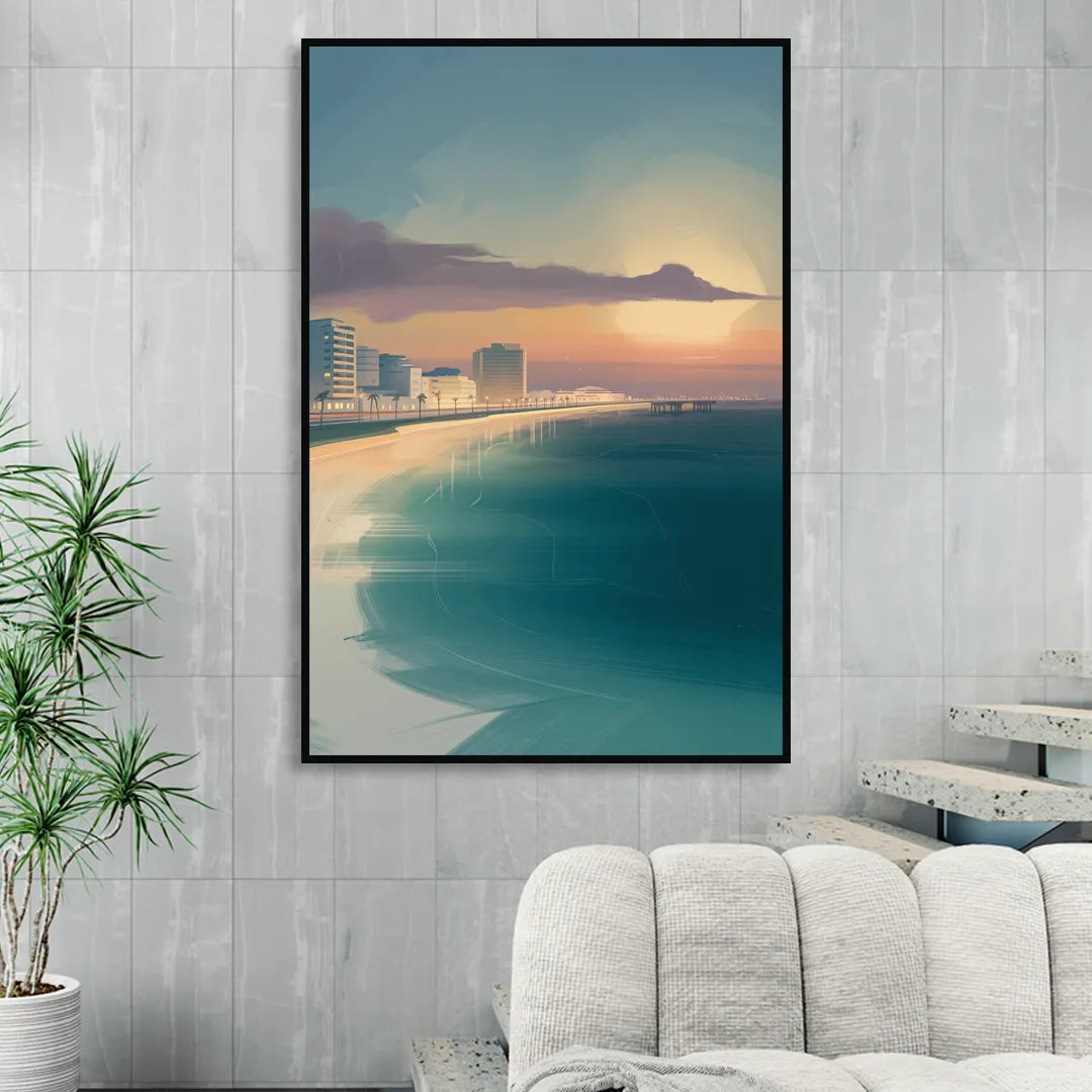 Malecón Tajamar Sunset Sitting Room - Black Canvas Wall Art
