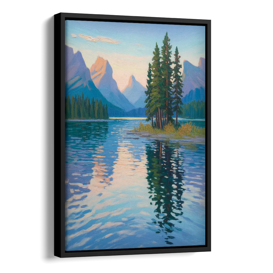 Maligne Lake Morning Side - Black Canvas Wall Art