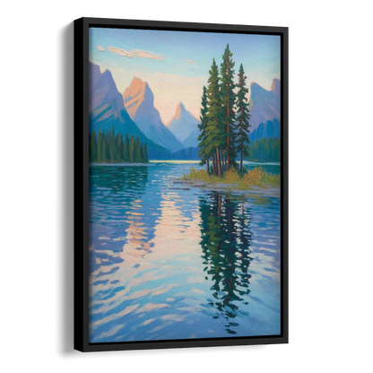 Maligne Lake Morning Side - Black Canvas Wall Art