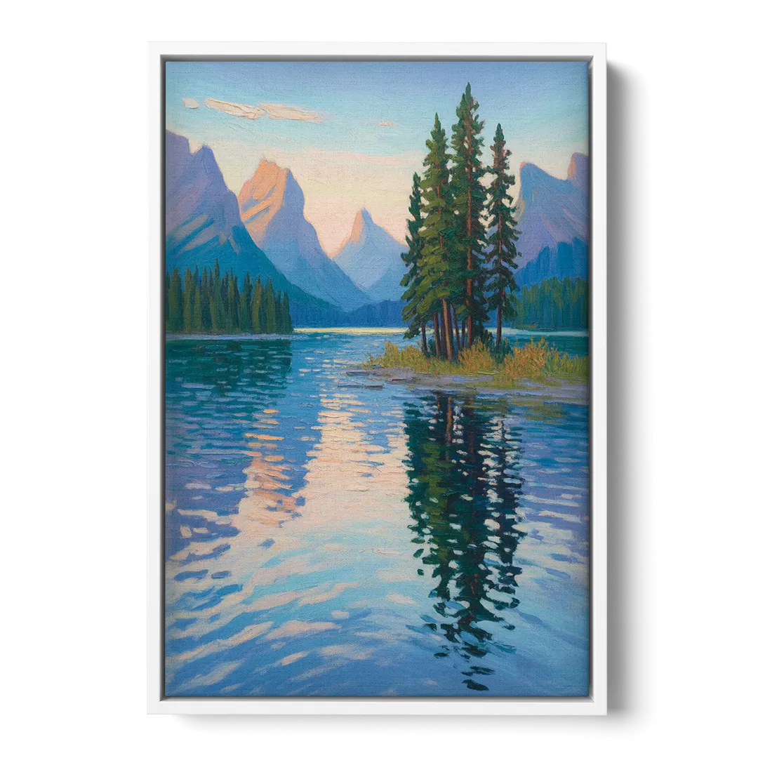 Maligne Lake Morning Front - White Canvas Wall Art