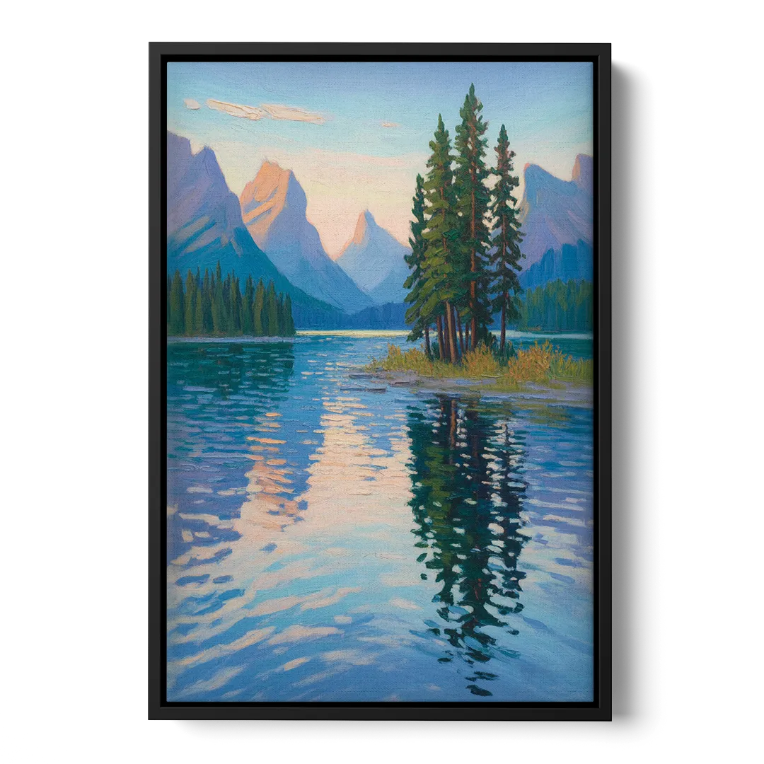 Maligne Lake Morning Front - Black Canvas Wall Art