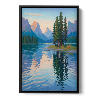 Maligne Lake Morning Front - Black Canvas Wall Art
