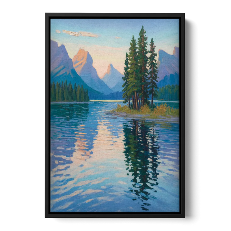 Maligne Lake Morning Front - Black Canvas Wall Art