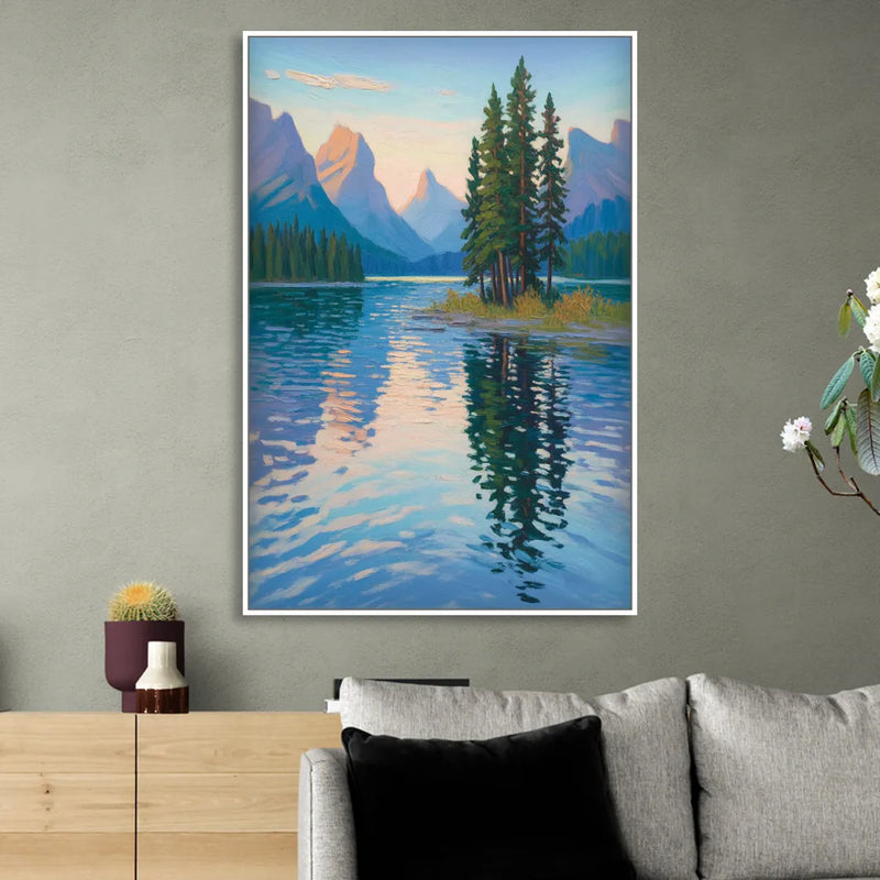 Maligne Lake Morning Sitting Room - White Canvas Wall Art