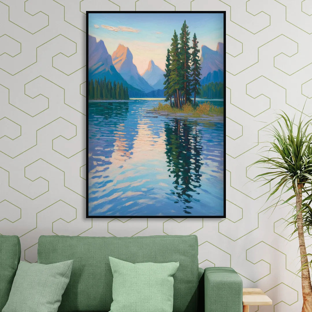Maligne Lake Morning Sitting Room - Black Canvas Wall Art