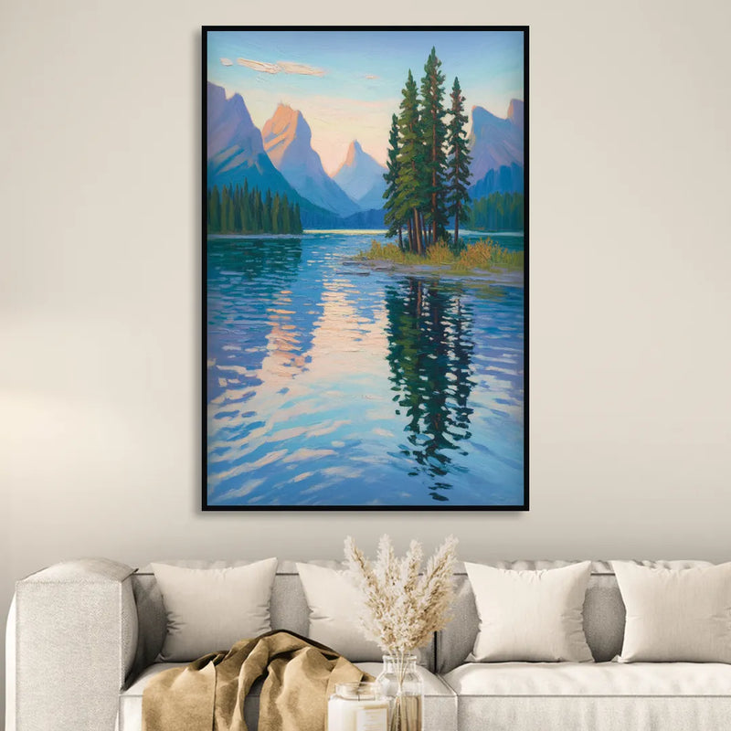 Maligne Lake Morning Living Room - Black Canvas Wall Art
