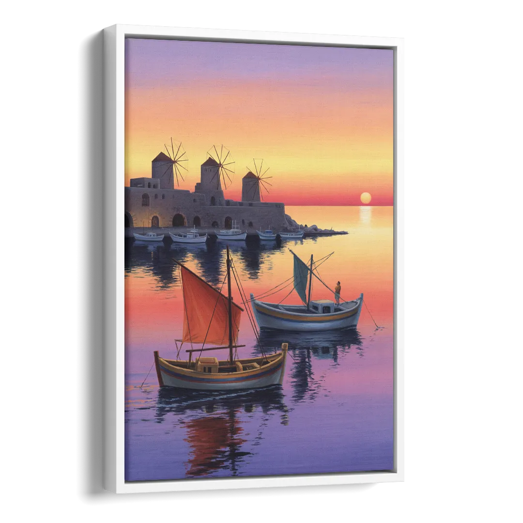 Mandraki Harbor Side - White Canvas Wall Art