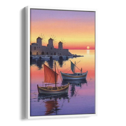 Mandraki Harbor Side - White Canvas Wall Art