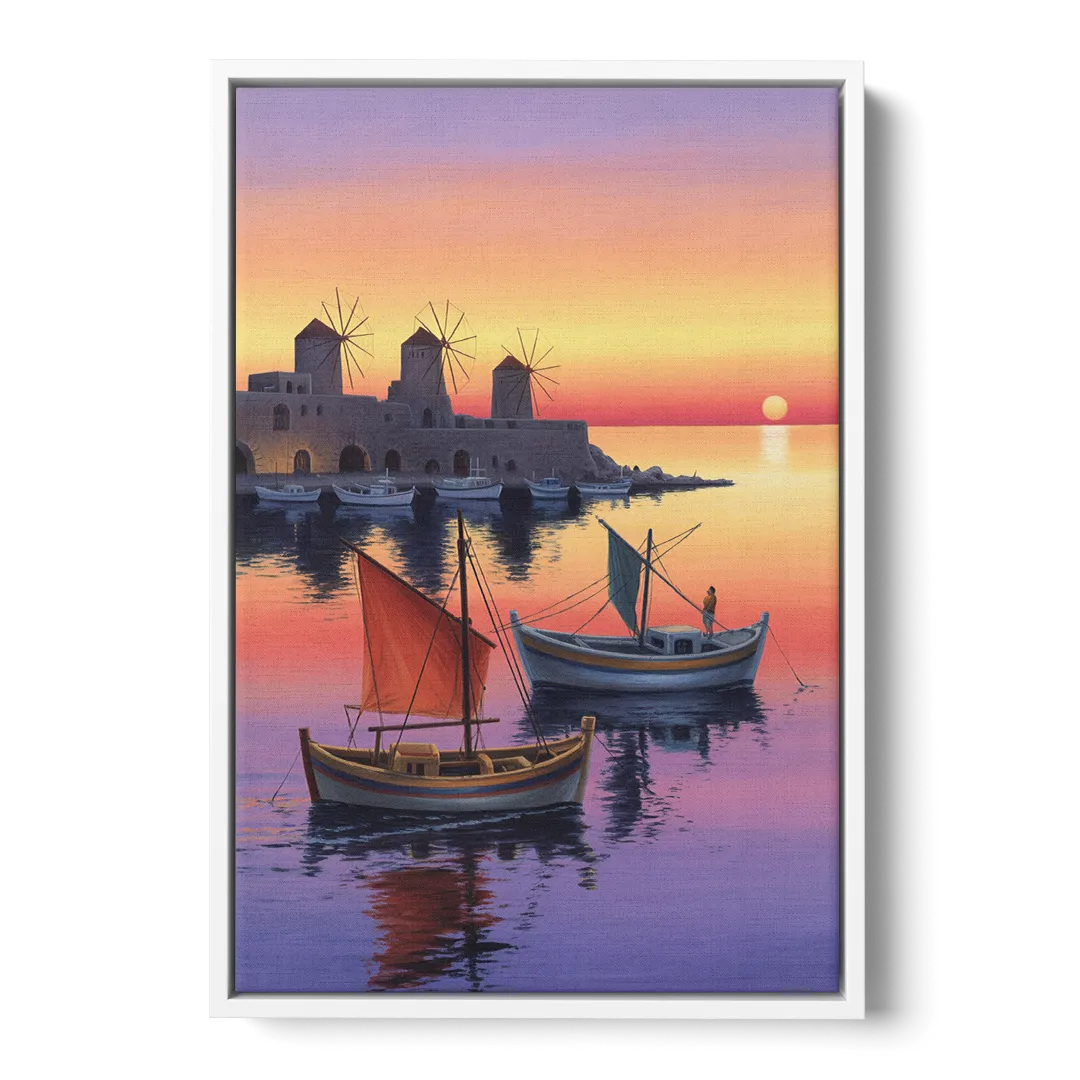 Mandraki Harbor Front - White Canvas Wall Art