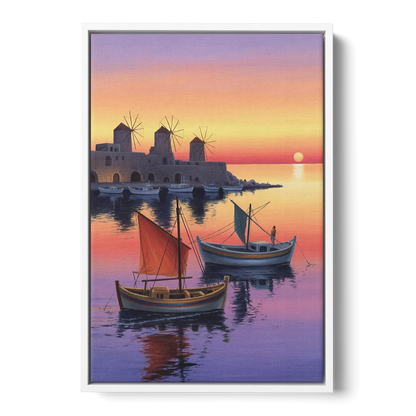 Mandraki Harbor Front - White Canvas Wall Art