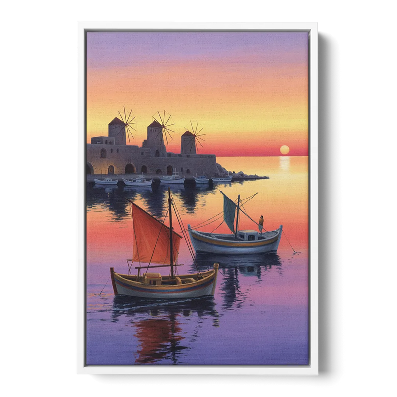Mandraki Harbor Front - White Canvas Wall Art