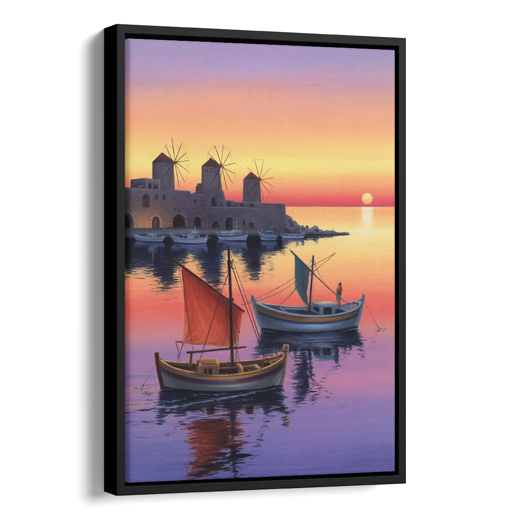 Mandraki Harbor Side - Black Canvas Wall Art