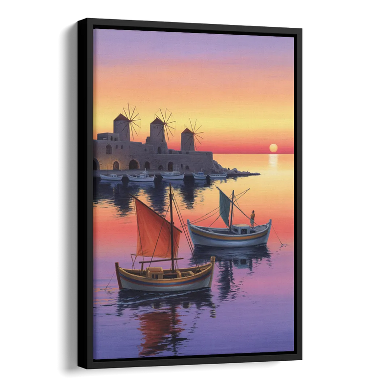 Mandraki Harbor Side - Black Canvas Wall Art