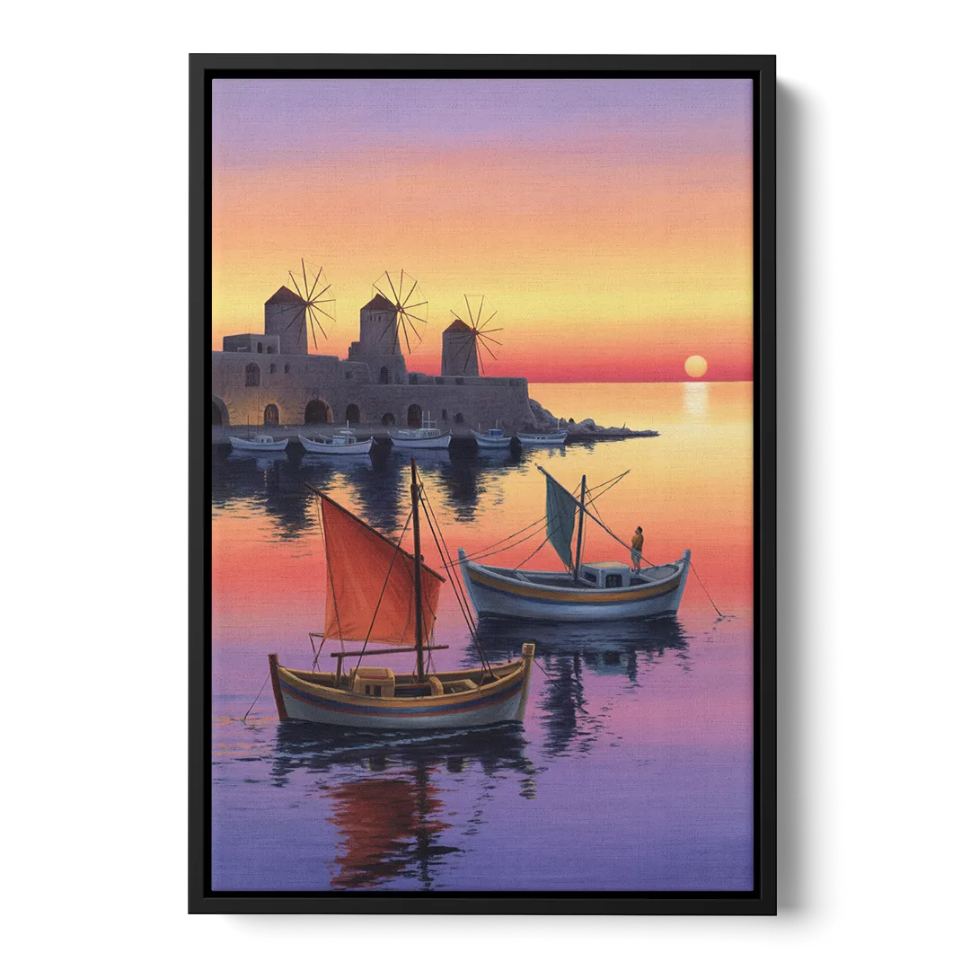 Mandraki Harbor Front - Black Canvas Wall Art