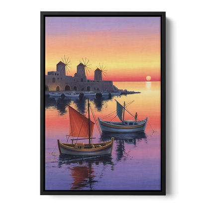 Mandraki Harbor Front - Black Canvas Wall Art