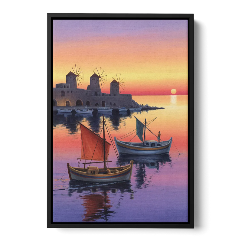 Mandraki Harbor Front - Black Canvas Wall Art