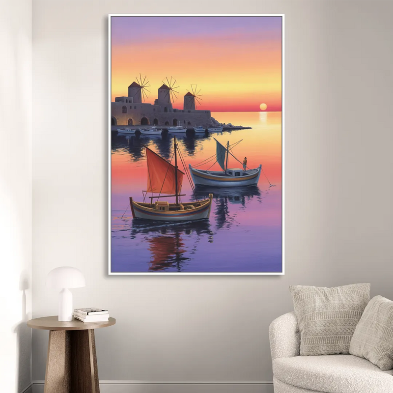Mandraki Harbor Living Room - White Canvas Wall Art