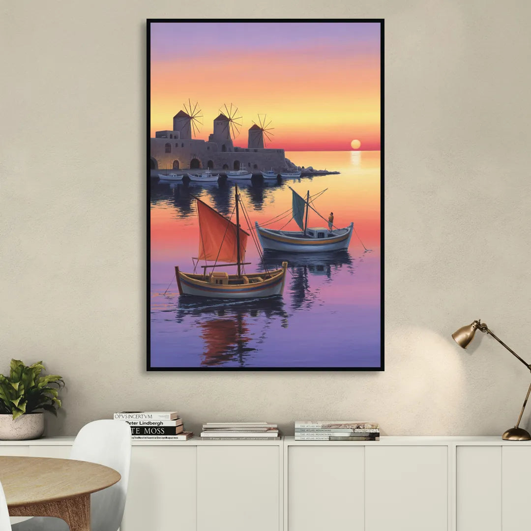 Mandraki Harbor Living Room - Black Canvas Wall Art