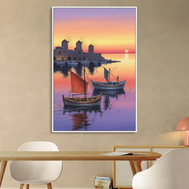 Mandraki Harbor Sitting Room - White Canvas Wall Art