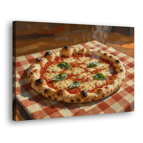 Margherita Pizza on a Checkered Cloth - Canvas Wall Art - Side