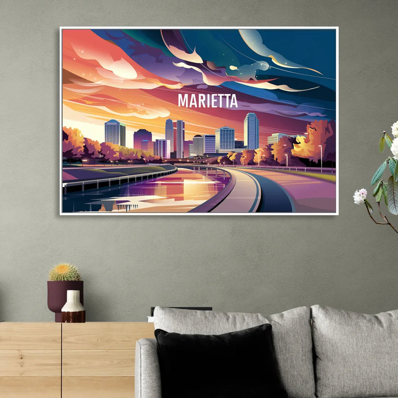 Marietta Skyline Sunset Sitting Room - White Canvas Wall Art