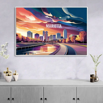Marietta Skyline Sunset Living Room - White Canvas Wall Art