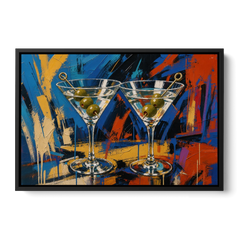 Martini Painting with Twin Olive Picks - Black Framed Canvas Wall Art - Front