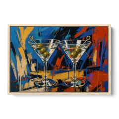 Martini Painting with Twin Olive Picks - Oak Framed Canvas Wall Art - Front