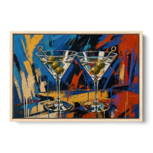 Martini Painting with Twin Olive Picks - Oak Framed Canvas Wall Art - Front