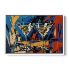Martini Painting with Twin Olive Picks - White Framed Canvas Wall Art - Front