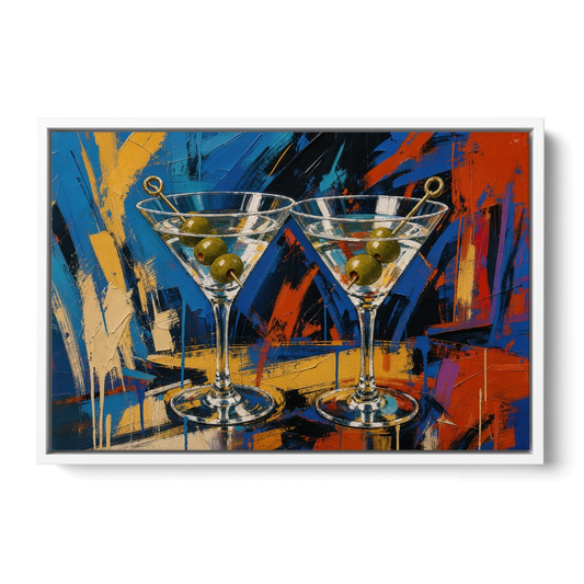 Martini Painting with Twin Olive Picks - White Framed Canvas Wall Art - Front