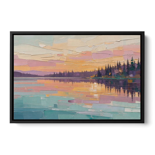 Master Bedroom Wall Art Above Bed Lake Sunset - Black Framed Canvas Wall Art - Front
