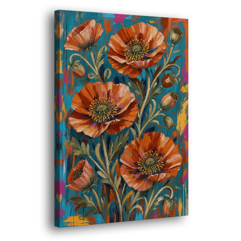 Maximalist Wall Decor with Rust Poppies on Teal - Canvas Wall Art - Side