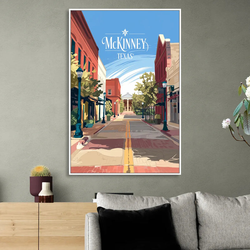 McKinney Downtown Streetscape Living Room - White Canvas Wall Art