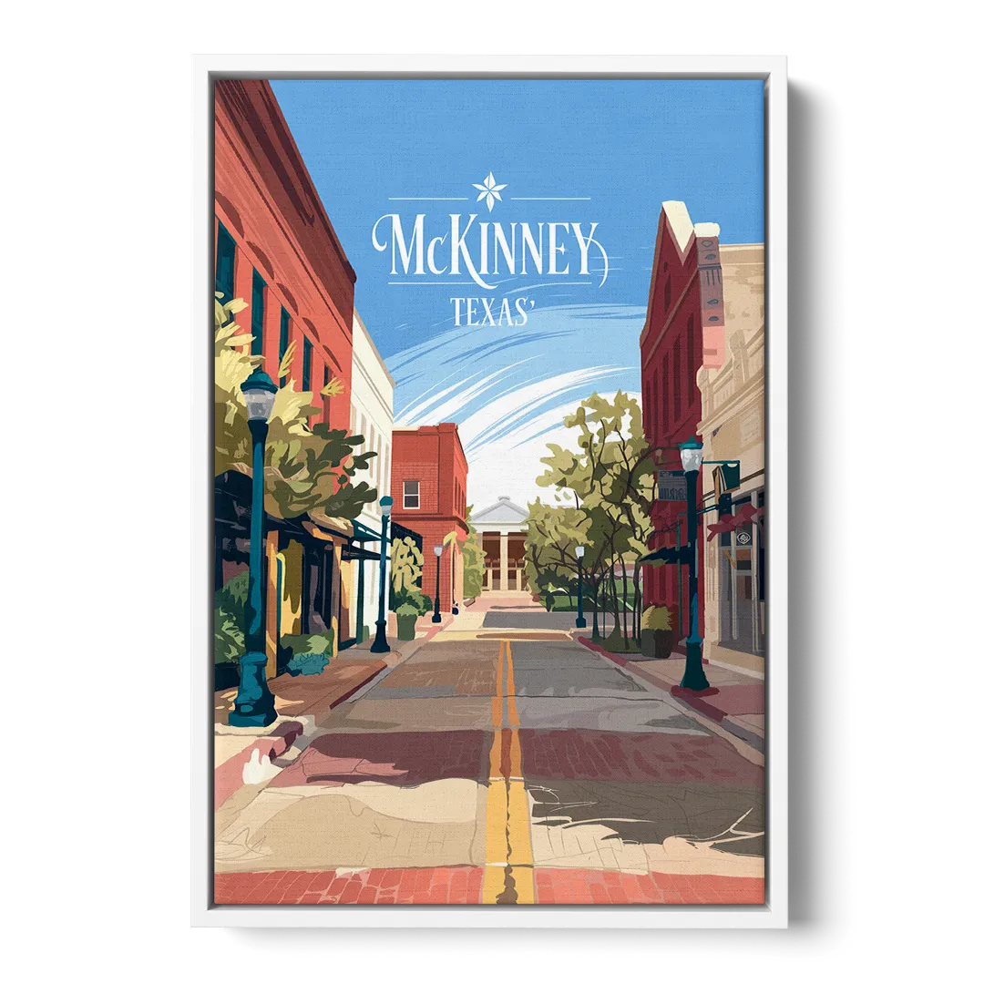 McKinney Downtown Streetscape Front - White Canvas Wall Art