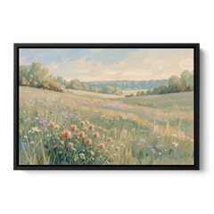 Meadow Landscape Painting with Coral Wildflowers - Black Framed Canvas Wall Art - Front