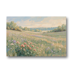 Meadow Landscape Painting with Coral Wildflowers - Canvas Wall Art - Front