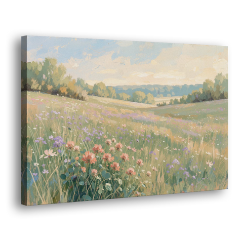 Meadow Landscape Painting with Coral Wildflowers - Canvas Wall Art - Side