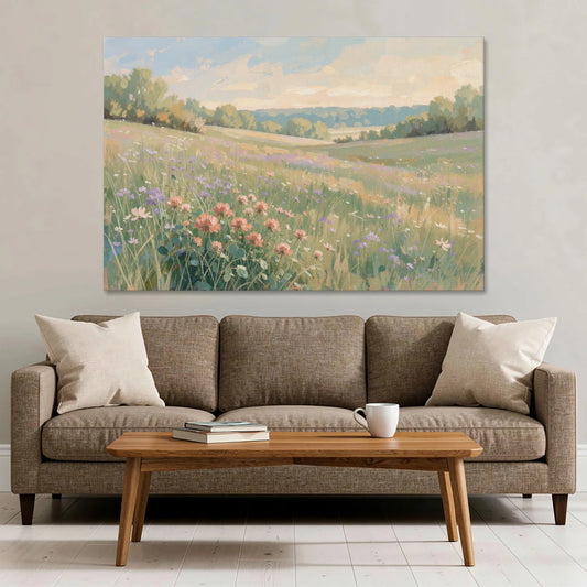 Meadow Landscape Painting with Coral Wildflowers - Canvas Wall Art - Sofa - 60x40