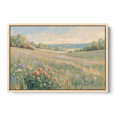 Meadow Landscape Painting with Coral Wildflowers - Oak Framed Canvas Wall Art - Front