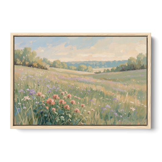 Meadow Landscape Painting with Coral Wildflowers - Oak Framed Canvas Wall Art - Front